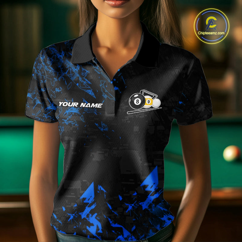 Woman Wearing Personalized Blue Grim Reaper 8 Ball 9 Ball Billiard League Polo Shirt with Athletic Performance Fit and Bold Graphic Artwork, Front View