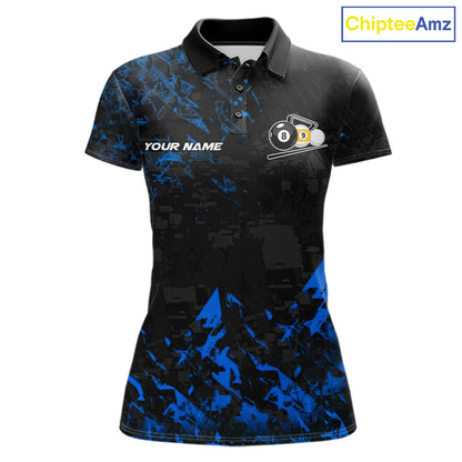 Personalized Blue Grim Reaper 8 Ball 9 Ball Billiard League Polo Shirt Featuring a Bold Custom Design for Pool League Players, Team Competition, and Tournament Events