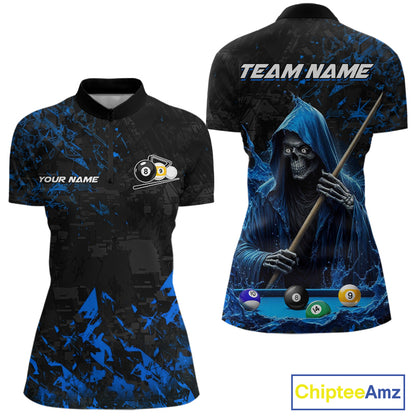 Personalized Blue Grim Reaper 8 Ball 9 Ball Quarter Zip Billiard Shirt Created for Pool League Teams with Custom Jersey Design and Competitive Tournament Play