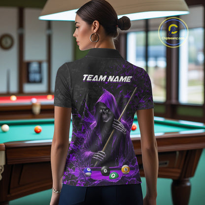 Woman Wearing Personalized Purple Grim Reaper 8 Ball 9 Ball Custom Pool Team Jersey Featuring the Complete Rear Graphic Design, Back View