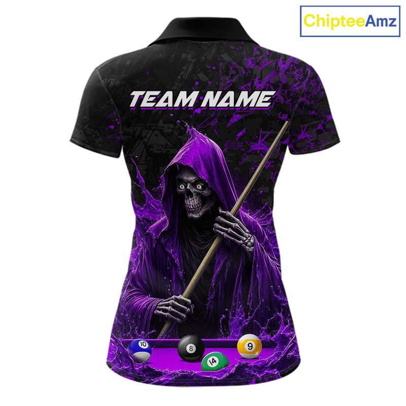 Custom Purple Grim Reaper 8 Ball 9 Ball Pool Polo Shirt Designed for Personalized Billiard Team Jerseys with Premium Athletic Performance Style