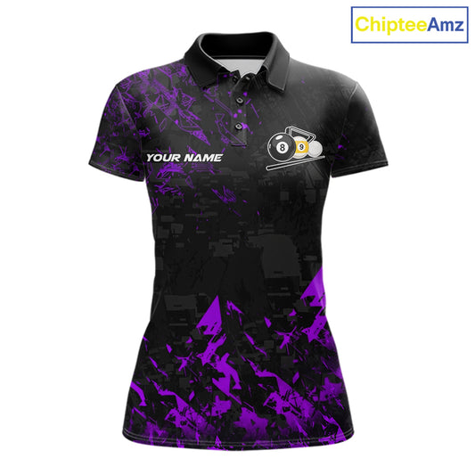Personalized Purple Grim Reaper 8 Ball 9 Ball Billiard League Polo Shirt Featuring a Bold Custom Design for Pool League Players and Team Competition
