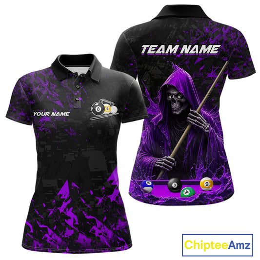 Personalized Purple Grim Reaper 8 Ball 9 Ball Billiard League Polo Shirt Featuring a Bold Custom Design for Pool League Players and Team Competition