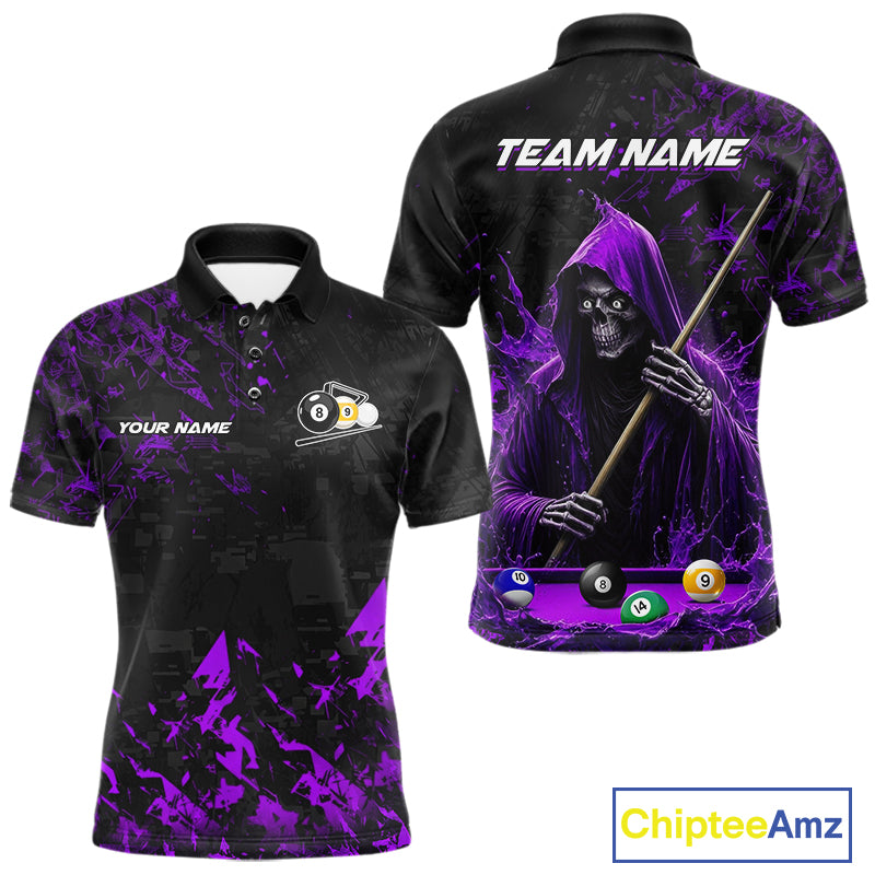 Personalized Purple Grim Reaper 8 Ball 9 Ball Billiard League Polo Shirt Featuring a Bold Custom Design for Pool League Players and Tournament Events