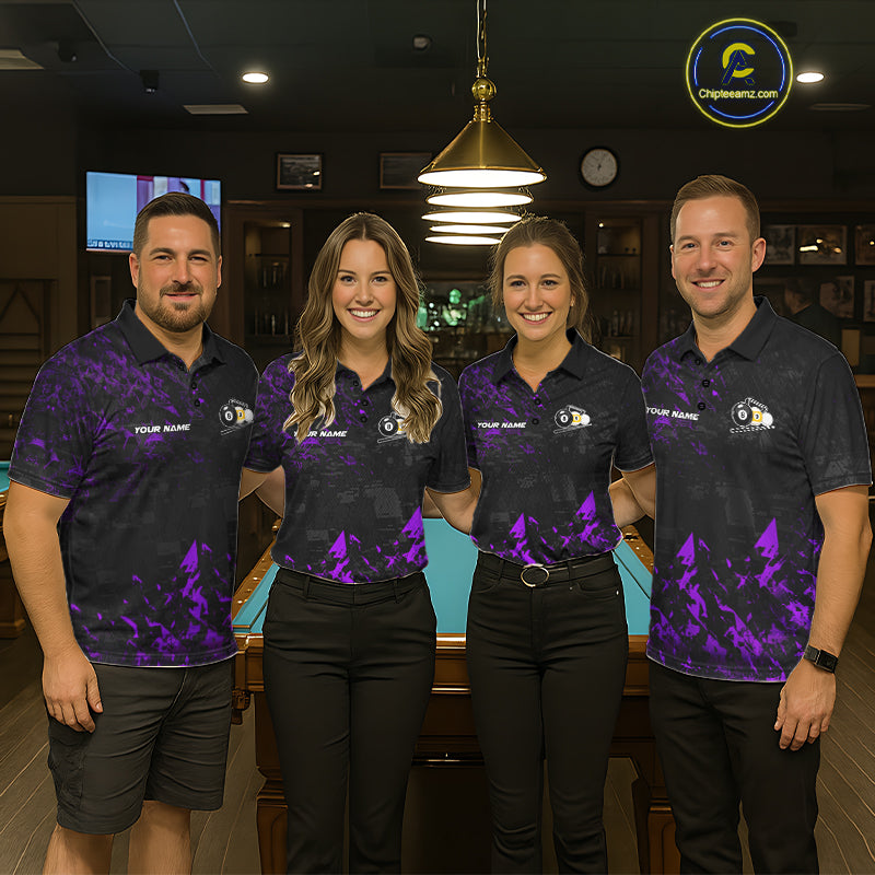 Pool Team Wearing Personalized Purple Grim Reaper 8 Ball 9 Ball Billiard League Jerseys During Tournament Competition, Front View
