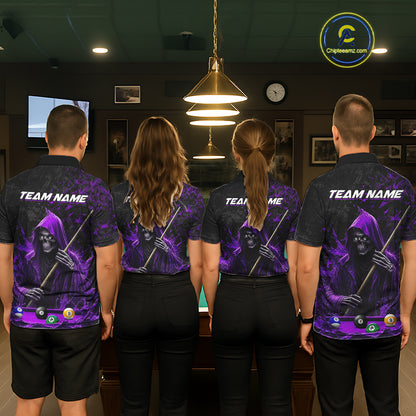 Pool Team Wearing Personalized Purple Grim Reaper 8 Ball 9 Ball Custom Team Jerseys Featuring the Full Back Artwork, Back View