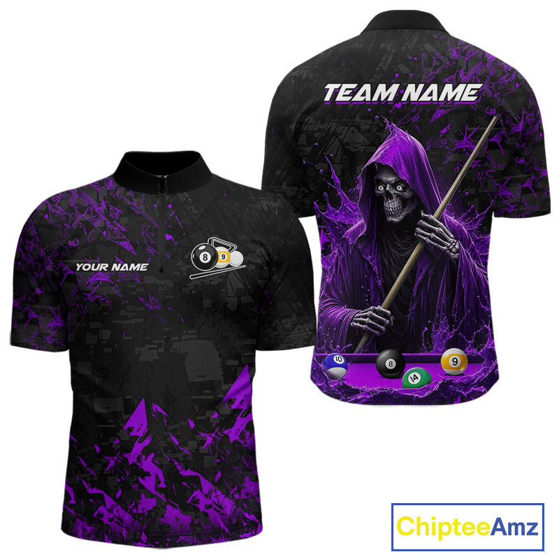 Personalized Purple Grim Reaper 8 Ball 9 Ball Quarter Zip Billiard Shirt Created for Pool League Teams with Athletic Performance Design