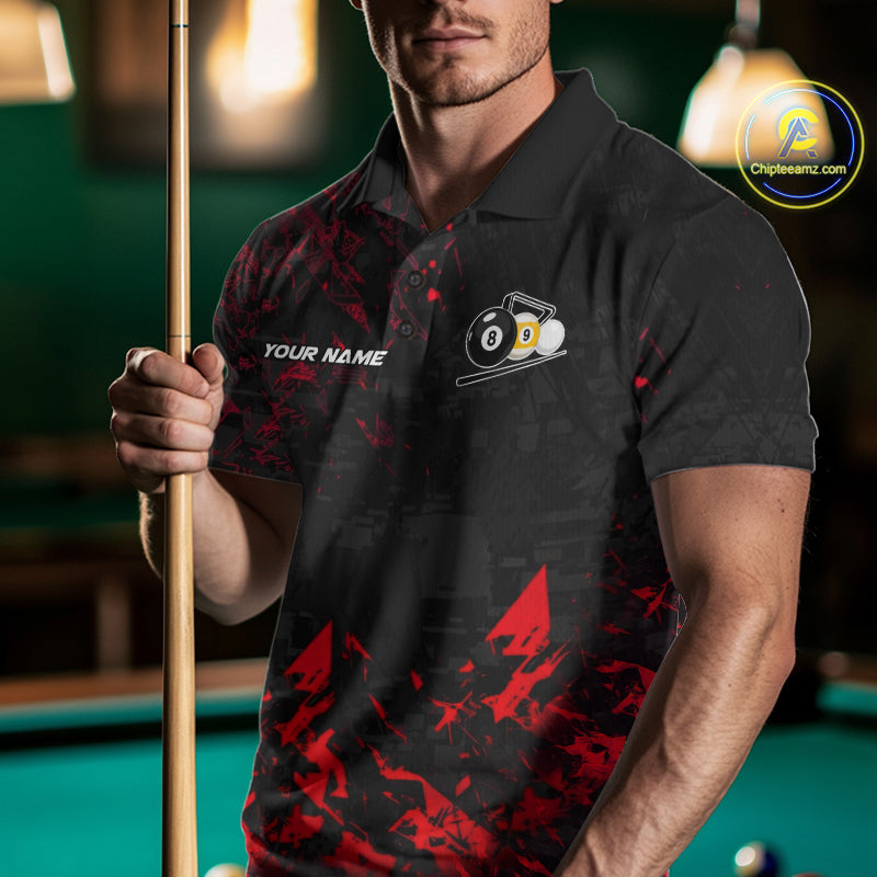 Man Wearing Personalized Red Grim Reaper 8 Ball 9 Ball Billiard League Polo Shirt with Athletic Fit and Bold Custom Artwork, Front View
