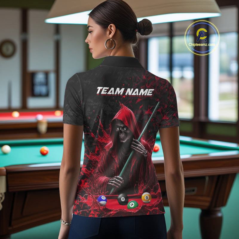 Woman Wearing Personalized Red Grim Reaper 8 Ball 9 Ball Custom Pool Team Jersey Featuring the Complete Rear Graphic Design, Back View