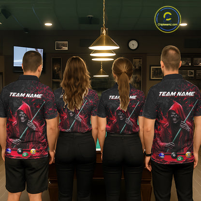 Pool Team Wearing Personalized Red Grim Reaper 8 Ball 9 Ball Custom Billiard Team Jerseys Featuring the Full Back Artwork, Back View