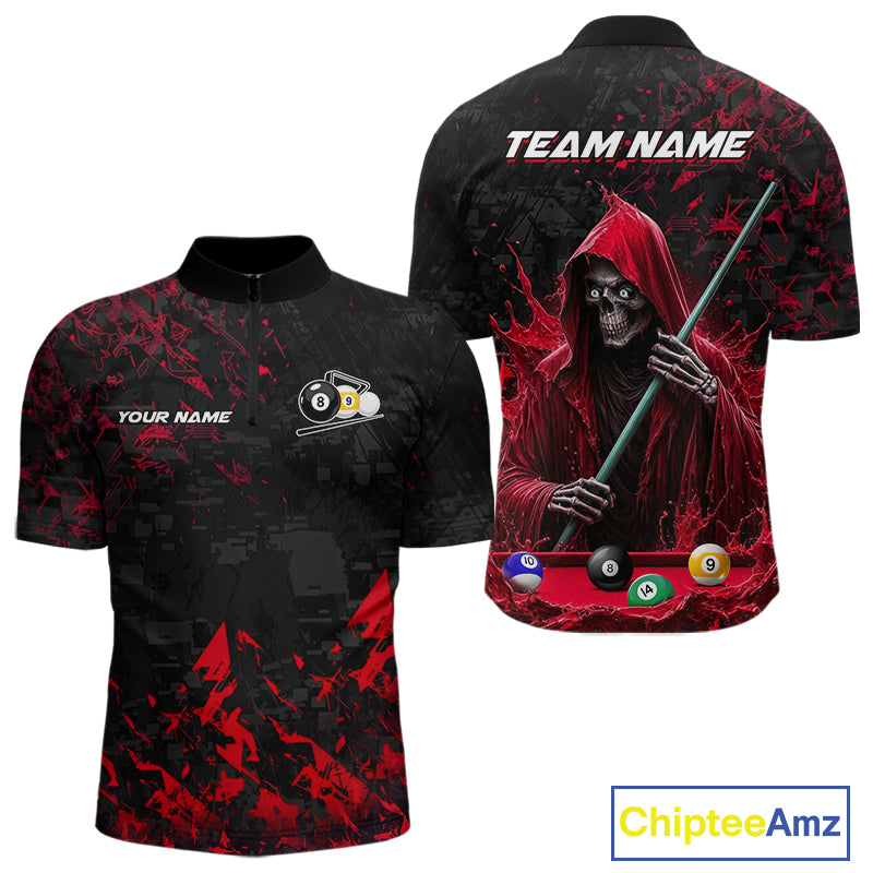 Personalized Red Grim Reaper 8 Ball 9 Ball Quarter Zip Billiard Shirt Created for Pool League Teams with Premium Athletic Performance Style