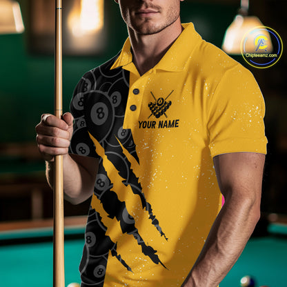 Custom Grunge Yellow Black 8 Ball Pool Billiard Shirt For Men, Billiard Team Jersey Polo & 1/4 Zip TDM7293