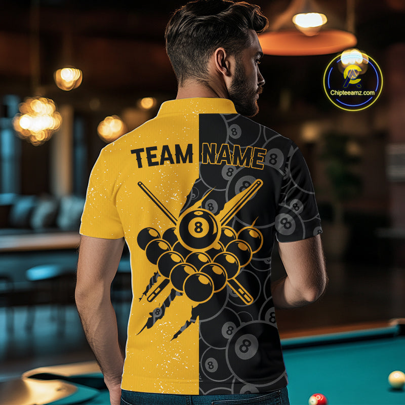 Custom Grunge Yellow Black 8 Ball Pool Billiard Shirt For Men, Billiard Team Jersey Polo & 1/4 Zip TDM7293