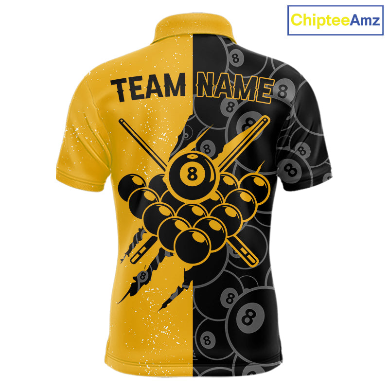Custom Grunge Yellow Black 8 Ball Pool Billiard Shirt For Men, Billiard Team Jersey Polo & 1/4 Zip TDM7293