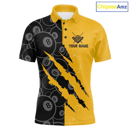 Custom Grunge Yellow Black 8 Ball Pool Billiard Shirt For Men, Billiard Team Jersey Polo & 1/4 Zip TDM7293