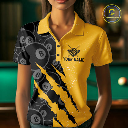 Custom Grunge Yellow Black 8 Ball Pool Billiard Shirt For Women, Billiard Team Jersey Polo & 1/4 Zip TDM7293