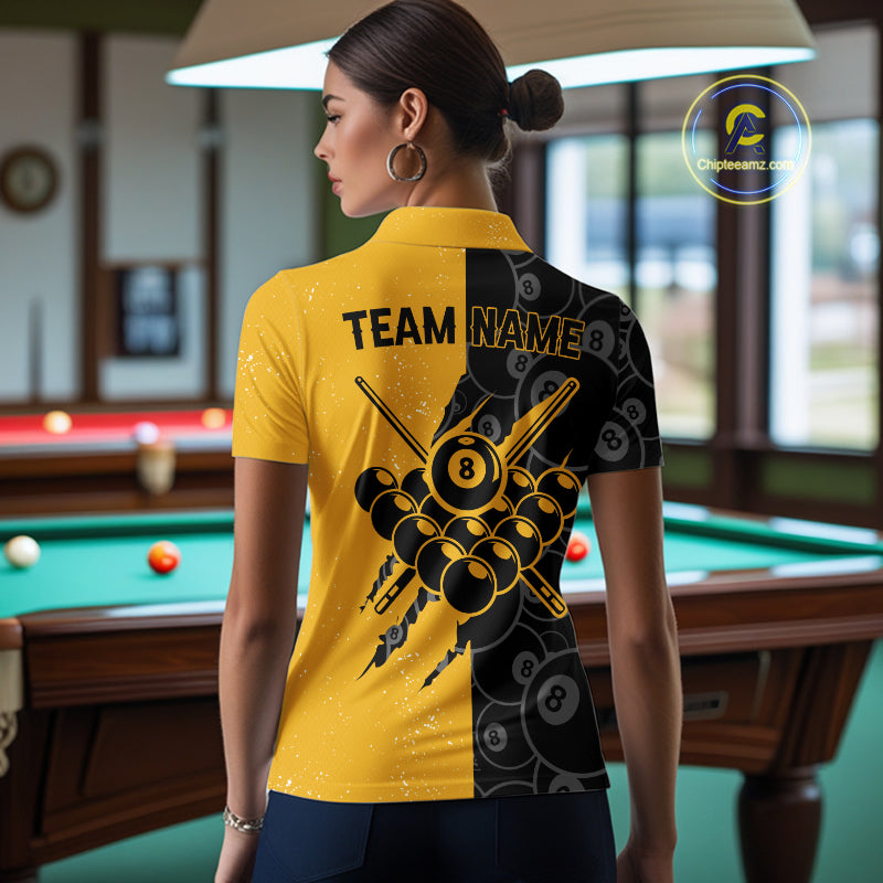 Custom Grunge Yellow Black 8 Ball Pool Billiard Shirt For Women, Billiard Team Jersey Polo & 1/4 Zip TDM7293