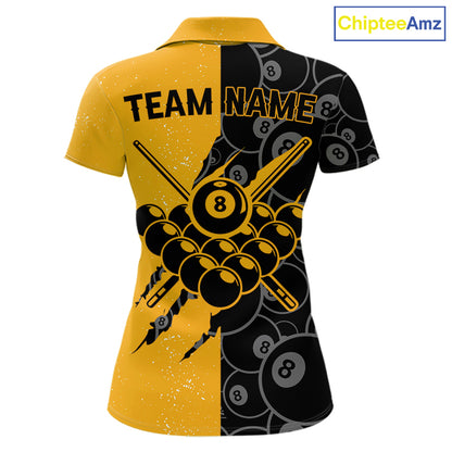 Custom Grunge Yellow Black 8 Ball Pool Billiard Shirt For Women, Billiard Team Jersey Polo & 1/4 Zip TDM7293