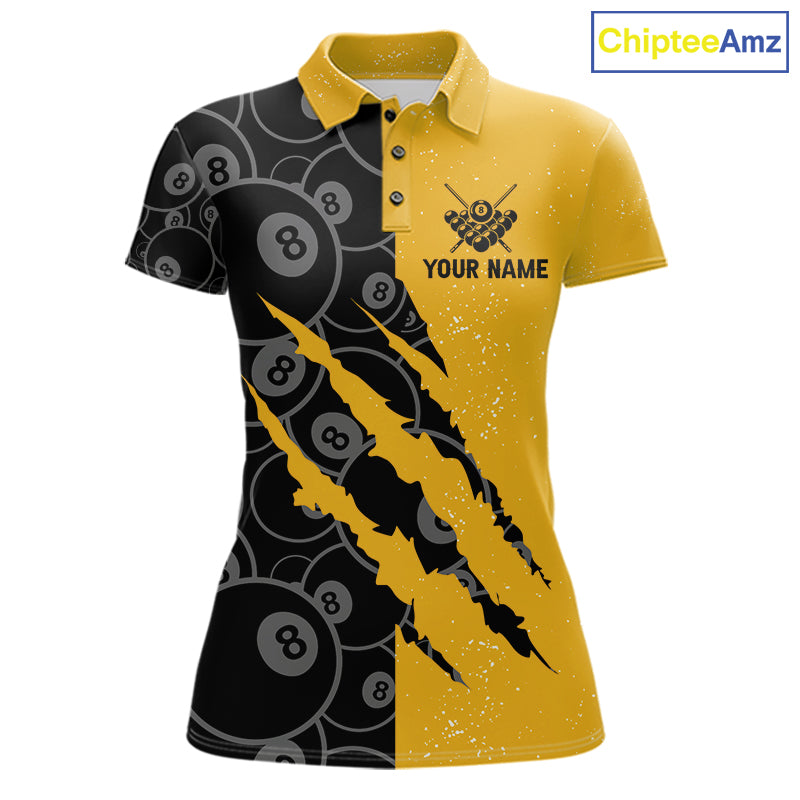 Custom Grunge Yellow Black 8 Ball Pool Billiard Shirt For Women, Billiard Team Jersey Polo & 1/4 Zip TDM7293