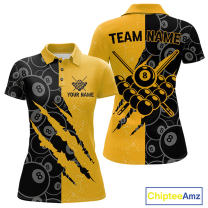 Custom Grunge Yellow Black 8 Ball Pool Billiard Shirt For Women, Billiard Team Jersey Polo & 1/4 Zip TDM7293