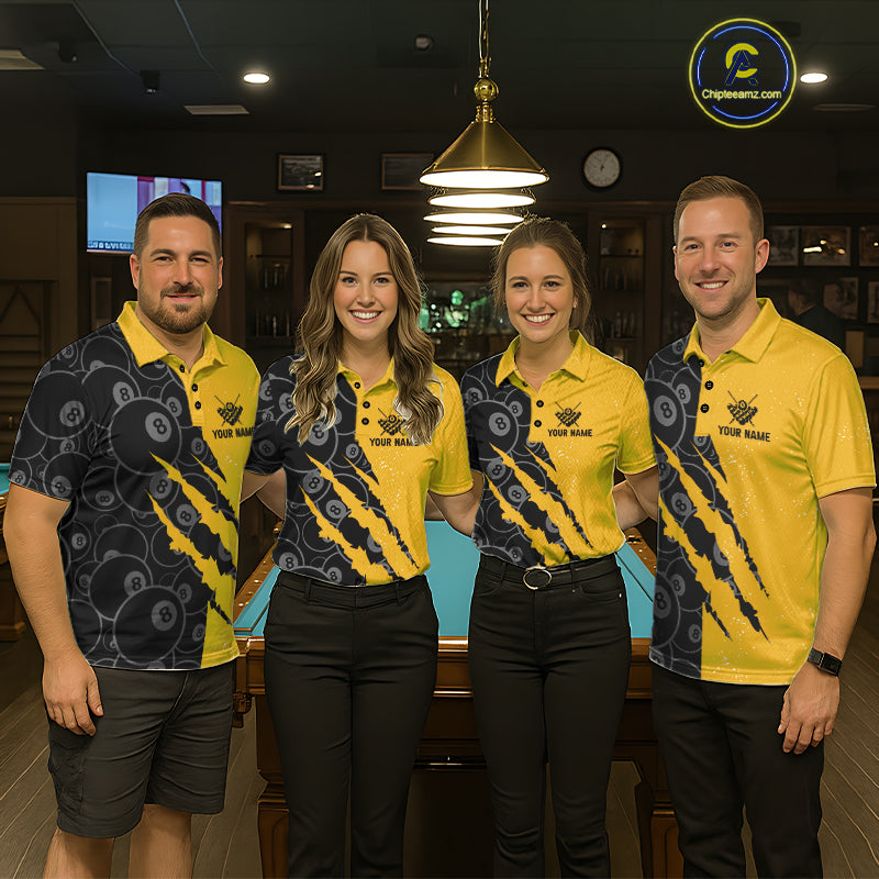 Custom Grunge Yellow Black 8 Ball Pool Billiard Shirt For Men, Billiard Team Jersey Polo & 1/4 Zip TDM7293