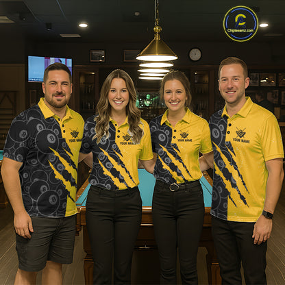 Custom Grunge Yellow Black 8 Ball Pool Billiard Shirt For Men, Billiard Team Jersey Polo & 1/4 Zip TDM7293