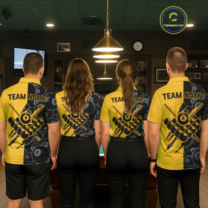 Custom Grunge Yellow Black 8 Ball Pool Billiard Shirt For Men, Billiard Team Jersey Polo & 1/4 Zip TDM7293