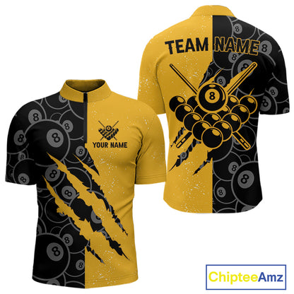 Custom Grunge Yellow Black 8 Ball Pool Billiard Shirt For Men, Billiard Team Jersey Polo & 1/4 Zip TDM7293