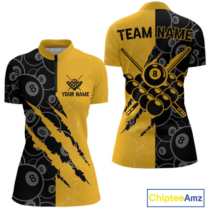 Custom Grunge Yellow Black 8 Ball Pool Billiard Shirt For Women, Billiard Team Jersey Polo & 1/4 Zip TDM7293