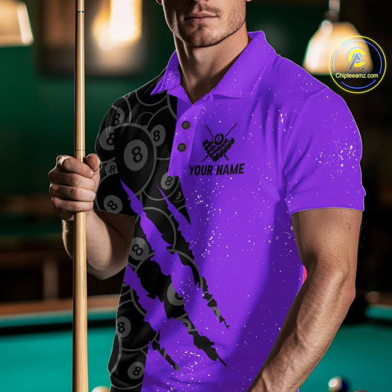 Custom Grunge Black Purple 8 Ball Pool Billiard Shirt For Men, Billiard Team Jersey Polo & 1/4 Zip TDM7294