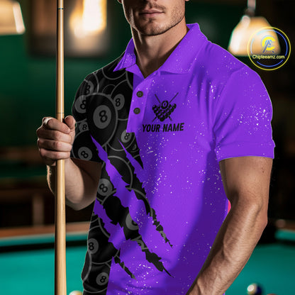 Custom Grunge Black Purple 8 Ball Pool Billiard Shirt For Men, Billiard Team Jersey Polo & 1/4 Zip TDM7294