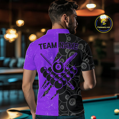Custom Grunge Black Purple 8 Ball Pool Billiard Shirt For Men, Billiard Team Jersey Polo & 1/4 Zip TDM7294