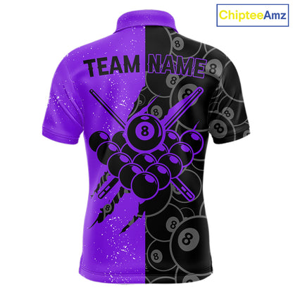 Custom Grunge Black Purple 8 Ball Pool Billiard Shirt For Men, Billiard Team Jersey Polo & 1/4 Zip TDM7294