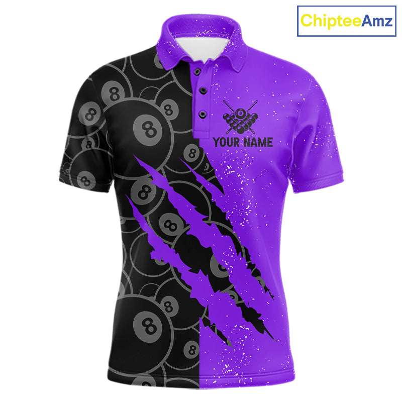 Custom Grunge Black Purple 8 Ball Pool Billiard Shirt For Men, Billiard Team Jersey Polo & 1/4 Zip TDM7294