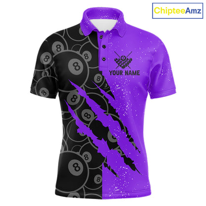 Custom Grunge Black Purple 8 Ball Pool Billiard Shirt For Men, Billiard Team Jersey Polo & 1/4 Zip TDM7294