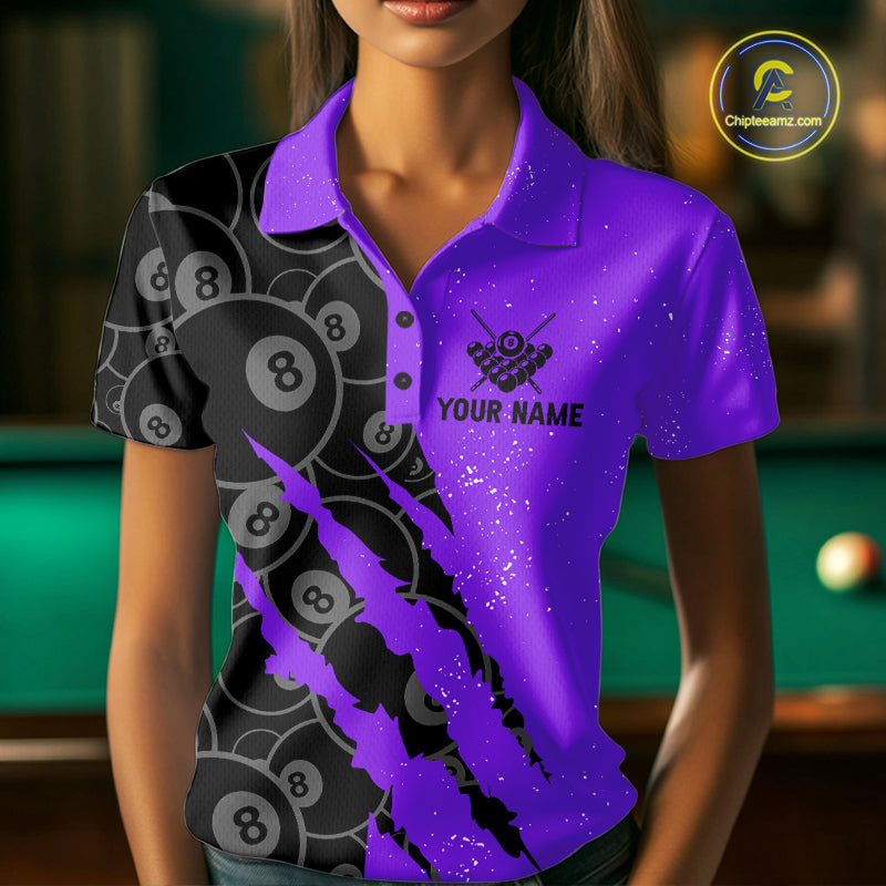 Custom Grunge Black Purple 8 Ball Pool Billiard Shirt For Women, Billiard Team Jersey Polo & 1/4 Zip TDM7294