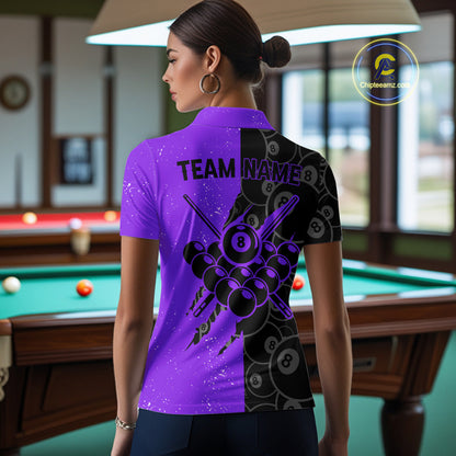 Custom Grunge Black Purple 8 Ball Pool Billiard Shirt For Women, Billiard Team Jersey Polo & 1/4 Zip TDM7294
