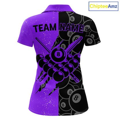 Custom Grunge Black Purple 8 Ball Pool Billiard Shirt For Women, Billiard Team Jersey Polo & 1/4 Zip TDM7294