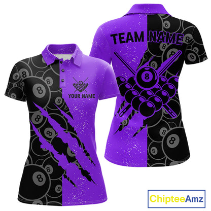 Custom Grunge Black Purple 8 Ball Pool Billiard Shirt For Women, Billiard Team Jersey Polo & 1/4 Zip TDM7294
