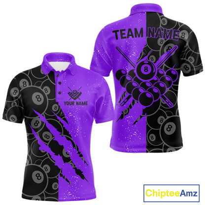 Custom Grunge Black Purple 8 Ball Pool Billiard Shirt For Men, Billiard Team Jersey Polo & 1/4 Zip TDM7294