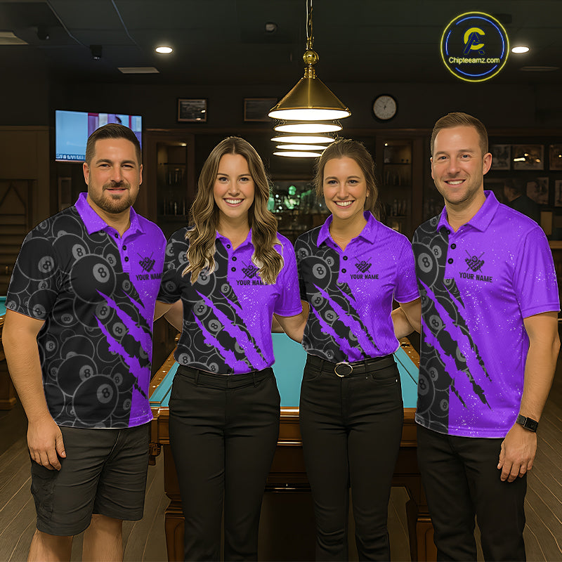 Custom Grunge Black Purple 8 Ball Pool Billiard Shirt For Men, Billiard Team Jersey Polo & 1/4 Zip TDM7294