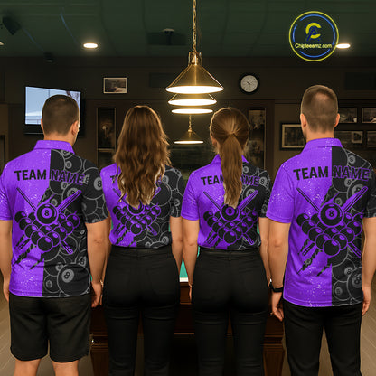 Custom Grunge Black Purple 8 Ball Pool Billiard Shirt For Men, Billiard Team Jersey Polo & 1/4 Zip TDM7294