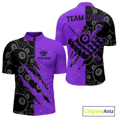 Custom Grunge Black Purple 8 Ball Pool Billiard Shirt For Men, Billiard Team Jersey Polo & 1/4 Zip TDM7294