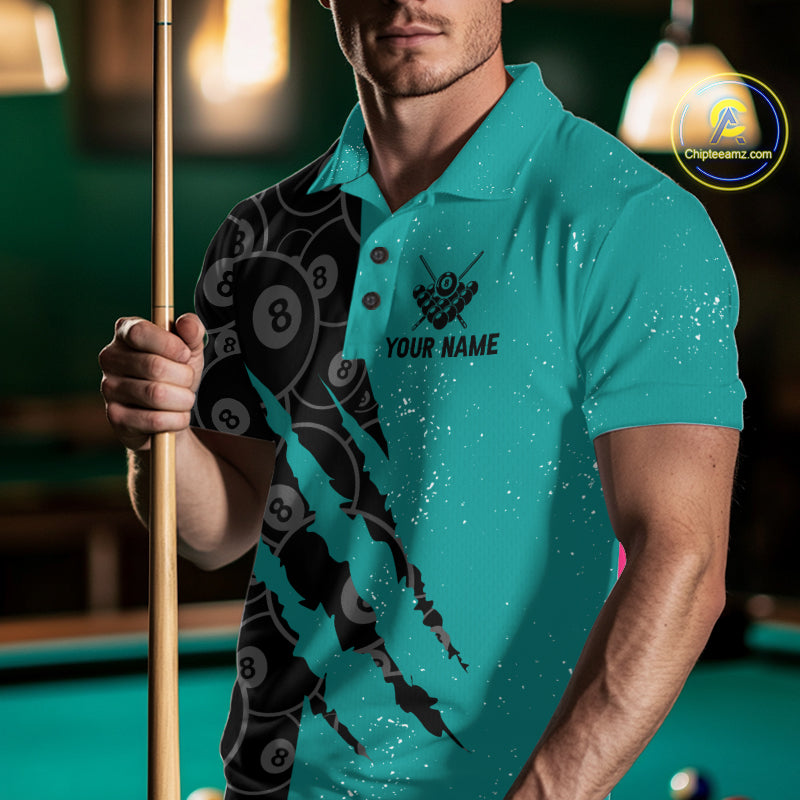 Custom Grunge Black Teal 8 Ball Pool Billiard Shirt For Men, Billiard Team Jersey Polo & 1/4 Zip TDM7295