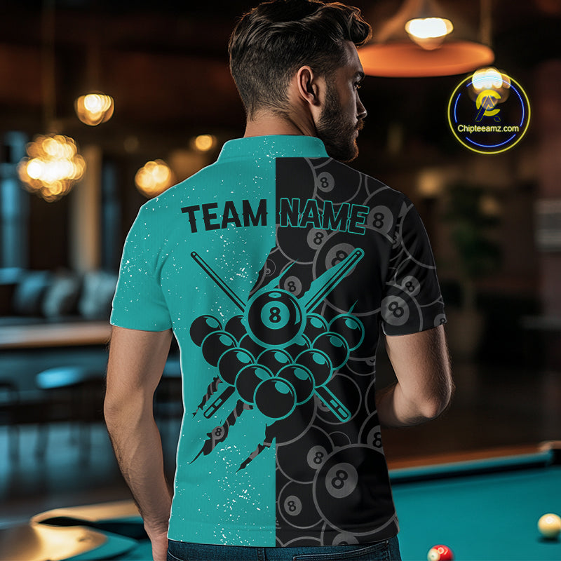 Custom Grunge Black Teal 8 Ball Pool Billiard Shirt For Men, Billiard Team Jersey Polo & 1/4 Zip TDM7295