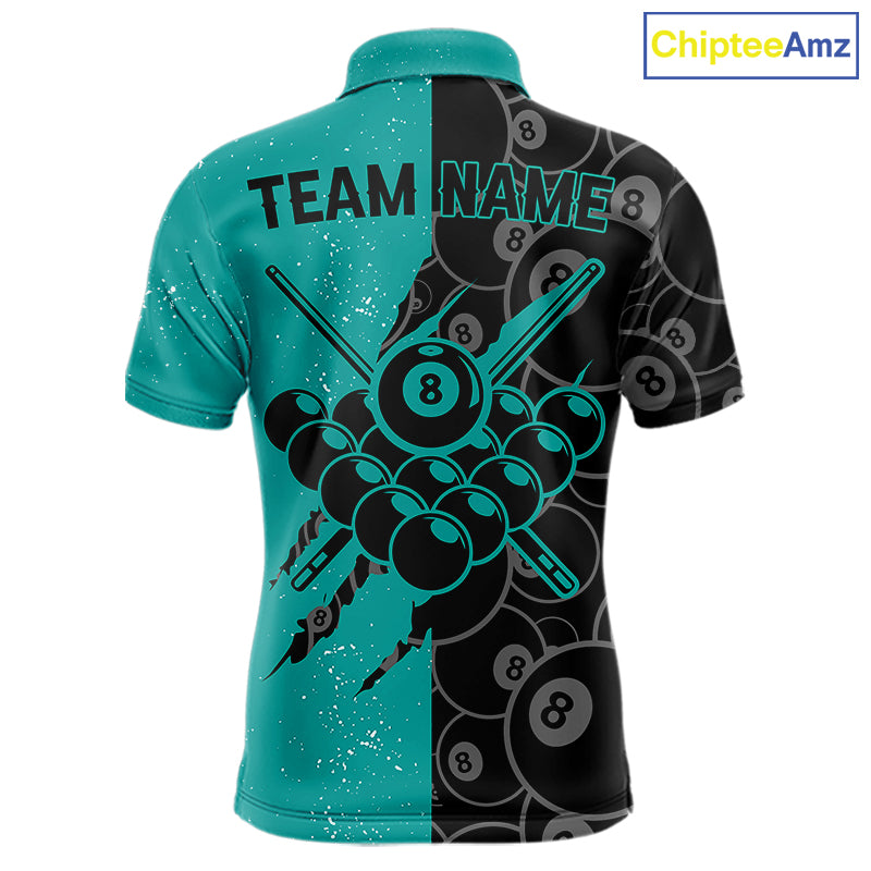 Custom Grunge Black Teal 8 Ball Pool Billiard Shirt For Men, Billiard Team Jersey Polo & 1/4 Zip TDM7295