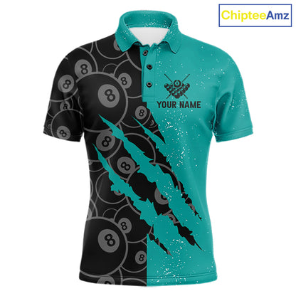 Custom Grunge Black Teal 8 Ball Pool Billiard Shirt For Men, Billiard Team Jersey Polo & 1/4 Zip TDM7295