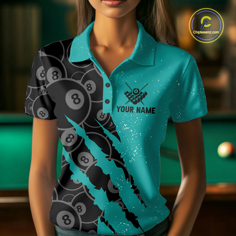 Custom Grunge Black Teal 8 Ball Pool Billiard Shirt For Women, Billiard Team Jersey Polo & 1/4 Zip TDM7295