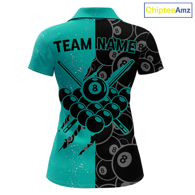 Custom Grunge Black Teal 8 Ball Pool Billiard Shirt For Women, Billiard Team Jersey Polo & 1/4 Zip TDM7295
