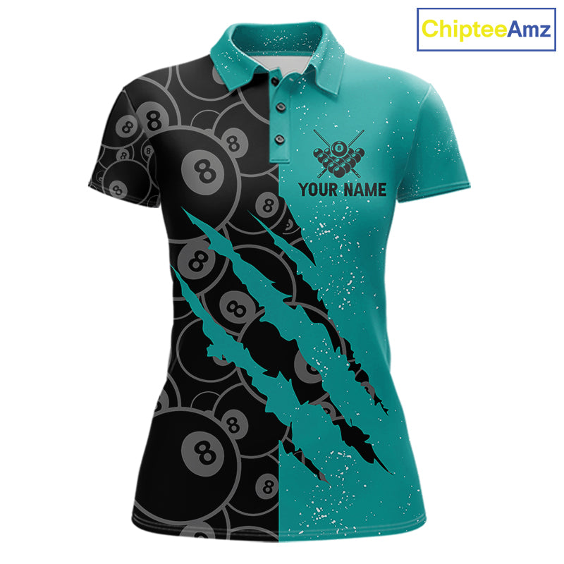 Custom Grunge Black Teal 8 Ball Pool Billiard Shirt For Women, Billiard Team Jersey Polo & 1/4 Zip TDM7295